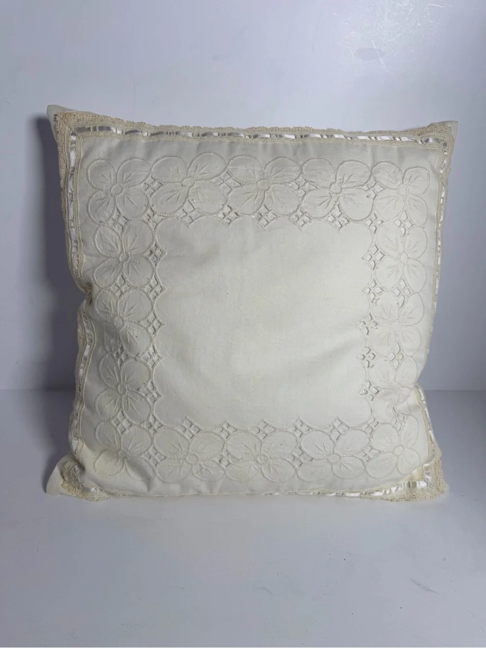 Vintage Ivory Battenburg Lace & Hand Embroidered Pillow 15” x 15” Cottagecore